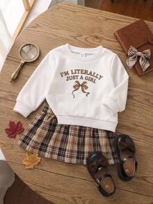 SHEIN 1pc Baby Girl Round Neck Long Sleeve Brown Plaid Sweatshirt With Patchwork Hem Dress, Featuring English Letter Bow Print, Casual Cute Vintage Fashion - Apricot - View 2