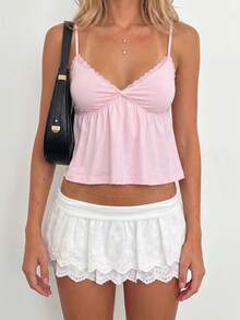 Sundraya Women's Solid Color Contrast Lace Fashion Camisole - Baby Pink - View 3