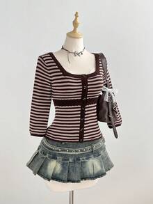 Elamini Women's Striped Contrast Color Button Square Neck 3/4 Sleeve Cute Delicate Versatile Knit Cardigan - Brown - View 4