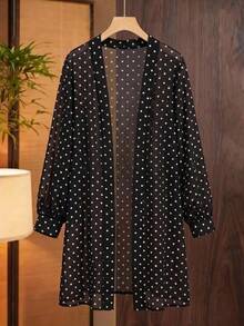 SHEIN LUNE كارديجان خريفي رقيق بأكمام طويلة أسود مفتوح من الأمام مقاس كبير رسمي للمكتب روديو أنيق - أبيض وأسود - مشاهدة 3