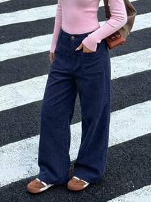 SHEIN Girlism 青少年女孩休闲宽松直筒梭织长裤，带口袋 - 藏蓝色 - 查看 5