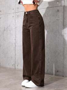 Casual tvättade raka jeans för tonårstjejer - Brun - Visa 3