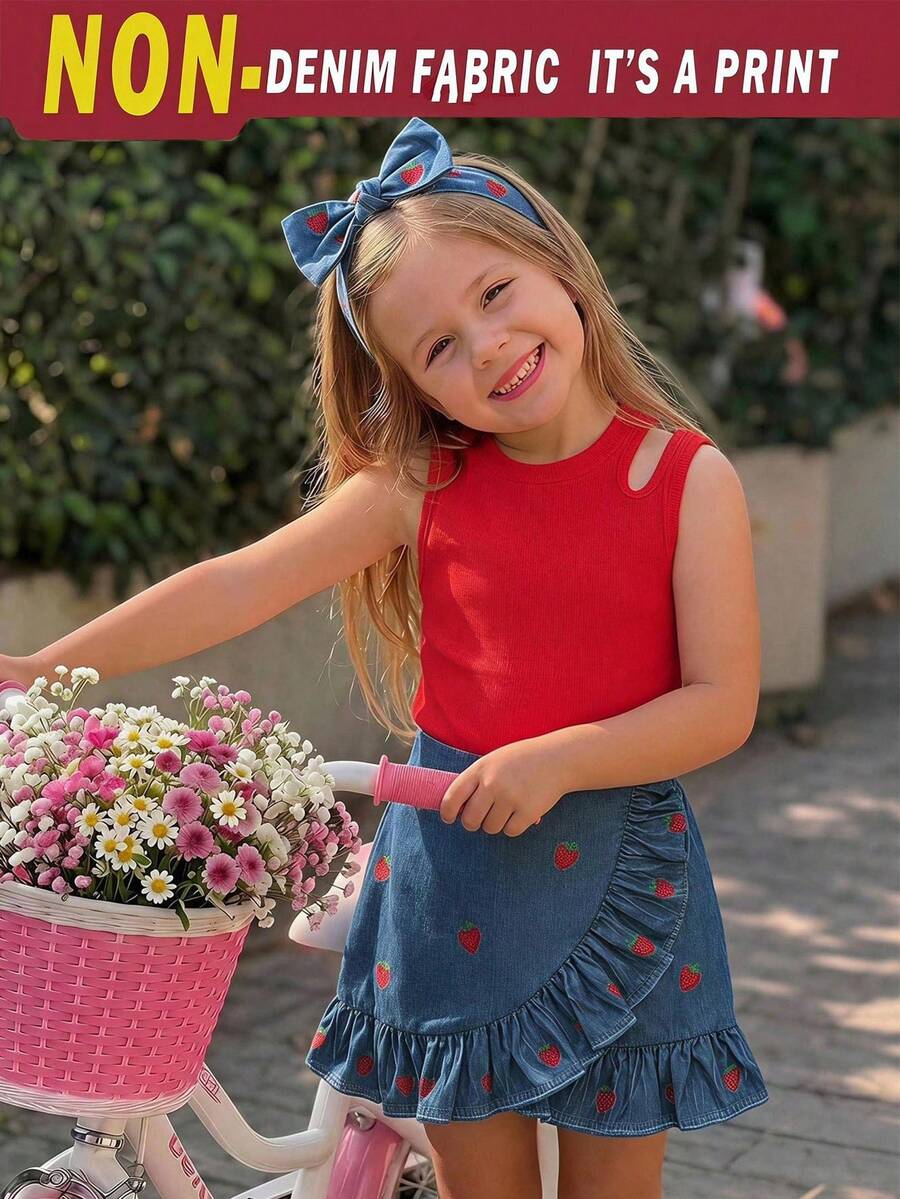 Emery Rose Kids Emery Rose Kids 女童純色圓領鏤空設計背心上衣與草莓圖案荷葉邊裙擺套裝