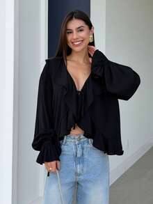 Yohana Edit Elegant Linen Blend Ruffle Hem Sheer Blouse Black - Black - View 1