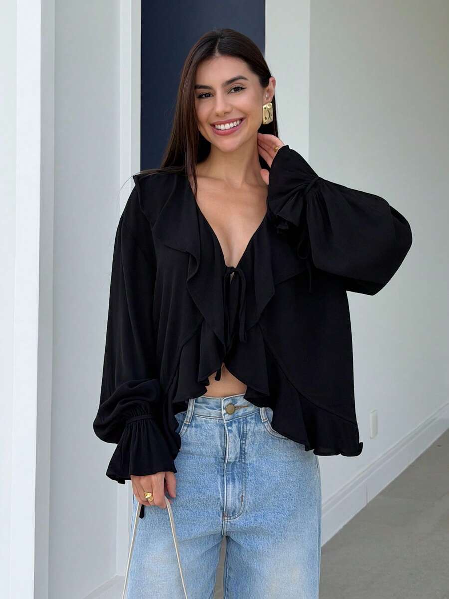 Yohana Edit Elegant Linen Blend Ruffle Hem Sheer Blouse Black - Black - View 1