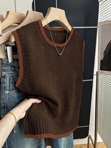 Franclia Casual Loose Round Neck Sleeveless Contrast Trim Knit Top For Women, Spring/Autumn Brown - Multicolor - View 6