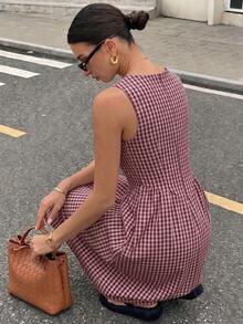 Siren Gaze Casual Vacation Style Red Plaid Full Print Pattern Women's Mid-Length Dress Suitable For Spring And Summer - Multicolor - View 2