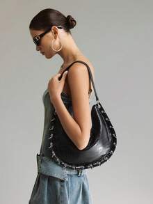 Viva Strut Ladies Bag Y2K Punk Hottie Style, Sweet Cool Girl, Metal Ring Decoration, Shoulder Bag Crescent Bag, Fashionable Street Style, Suitable For Shopping. - Black - View 6