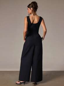Athîral High Waist Elastic Jumpsuit, Minimalist Casual Elegant Style, Suitable For Daily Brunch Vacation, Dating, Commuting Black Summer - Black - View 2