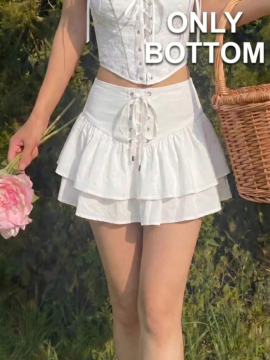 SHEIN MOD 女士纯色腰部索环系带荷叶边下摆短裙 - 白色 - 查看 1