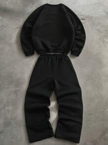 PAVTROS Men's Letter Print Pullover Sweatshirt & Sweatpants Set - Black - View 2