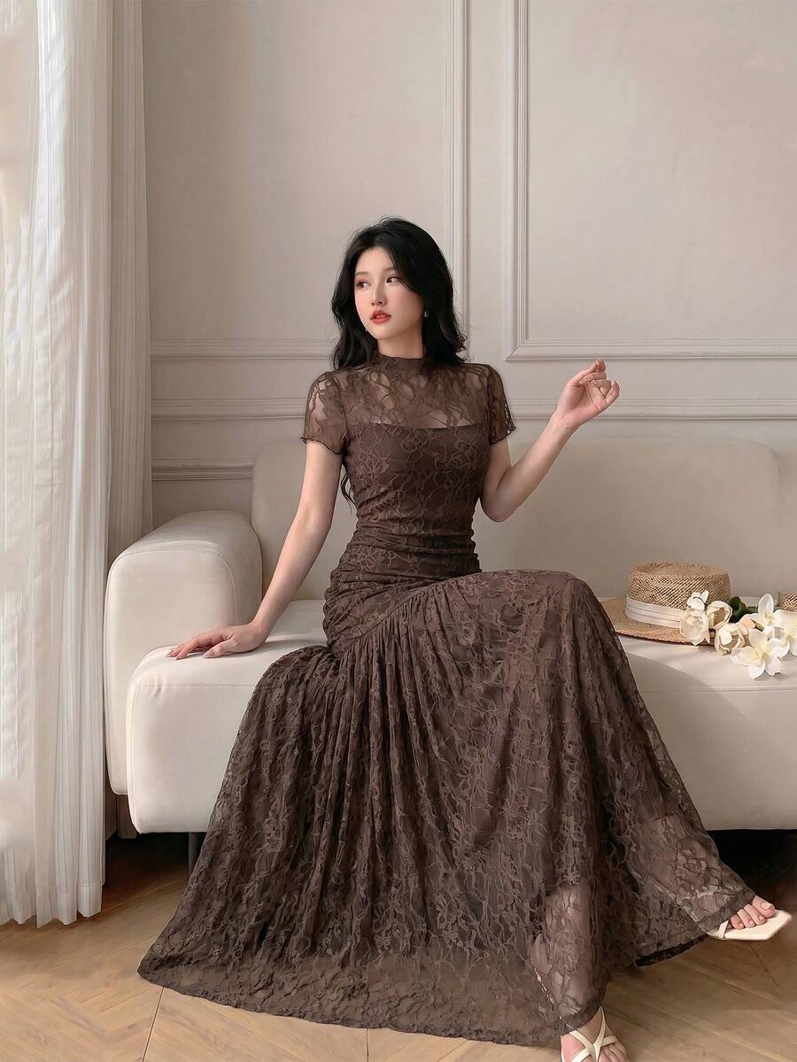 Celisse Vestido de mujer de alta gama con estampado floral romántico, elegante y de moda, de corte A, con cintura ceñida, estilo vintage francés dulce, para vacaciones y viajes - Marrón - Ver 1