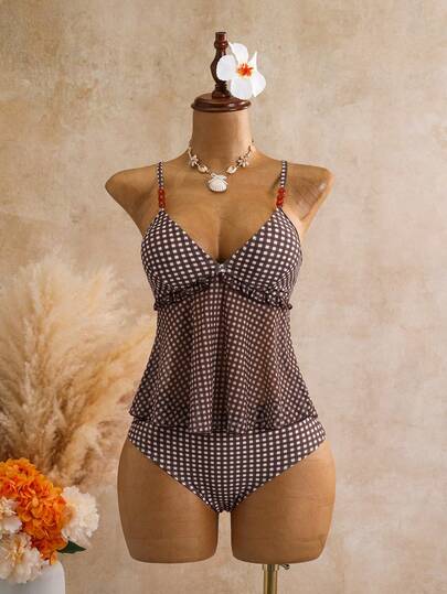 Swim Shayni Women's Summer Beach Casual Vacation Plaid Random Print Beaded Decor Tank Top Bikini Set
