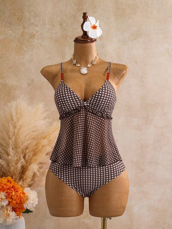 Swim Shayni Women's Summer Beach Casual Vacation Plaid Random Print Beaded Decor Tank Top Bikini Set