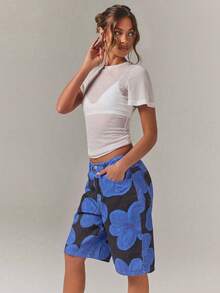 Athîral Denim Women's Dark Blue Floral Print Low Waist Wide Leg Y2k Disco Jeans, Oversize Pants, Bermuda, Rave Concert Outfits, Summer - Blue - View 5