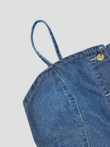 Qadelle Atasan Camisole Denim Kasual Wanita Kancing Tunggal - Biru - View 6