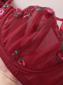 Elorette 1pc Plus Size Mesh Embroidered Underwire Bra - Burgundy - View 6