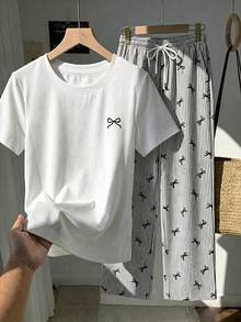 Comfortcana 2pcs Set Embroidered Round Neck Short Sleeve Top And Striped Print Pants, Casual,Summer Outfits For Women - Black - View 4