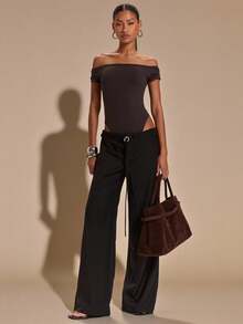 SHEIN BAE Spring Summer Solid Dark Brown Off-Shoulder Short Sleeve Knit Bodysuit, Women's Sexy Elegant Slim-Fit Shaping Night Out Going Out - Brown - View 7