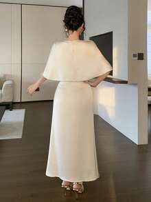 DAZY Women's Elegant Party 3D Floral Decor Shawl Mermaid Tail Long Dress - Apricot - View 6