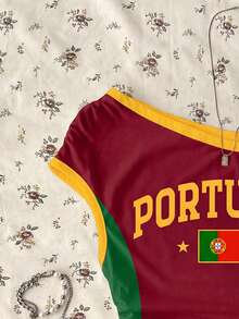 Teen Girls Casual Portugal-Flag One Tight Asymmetric Ruched Cropped Top, Suitable For Spring/Summer, Personalized Outfit, Daily Wear, World Cup, Jersey-Style, Streetwear, Game Day - Multicolor - View 4