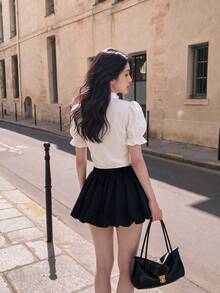 SHEIN MOD White,Summer,Elegant,Wedding Guest Women's 3D Bow Lantern Sleeve Ruffle Vintage Court Blouse,Princess Puff Sleeve Tops For Party,Prom,.Back To School. - White - View 9