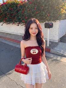 SHEIN MOD Women's Cotton Cherry Print Blouse, Summer Top Everyday Burgundy Cute - Red - View 2