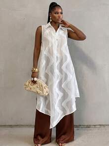 BamGlimmer Women's Lapel Cut-Out Asymmetric Hem Loose Sleeveless Top - Apricot - View 5