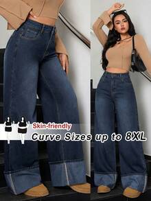 SHEIN CURVE+ 大尺碼女款口袋寬腿寬鬆牛仔褲，適合夏季秋季、節慶、外出、正式場合、度假、生日、畢業，CURVE+FIT+ 海軍藍 - 藍色 - 查看 1