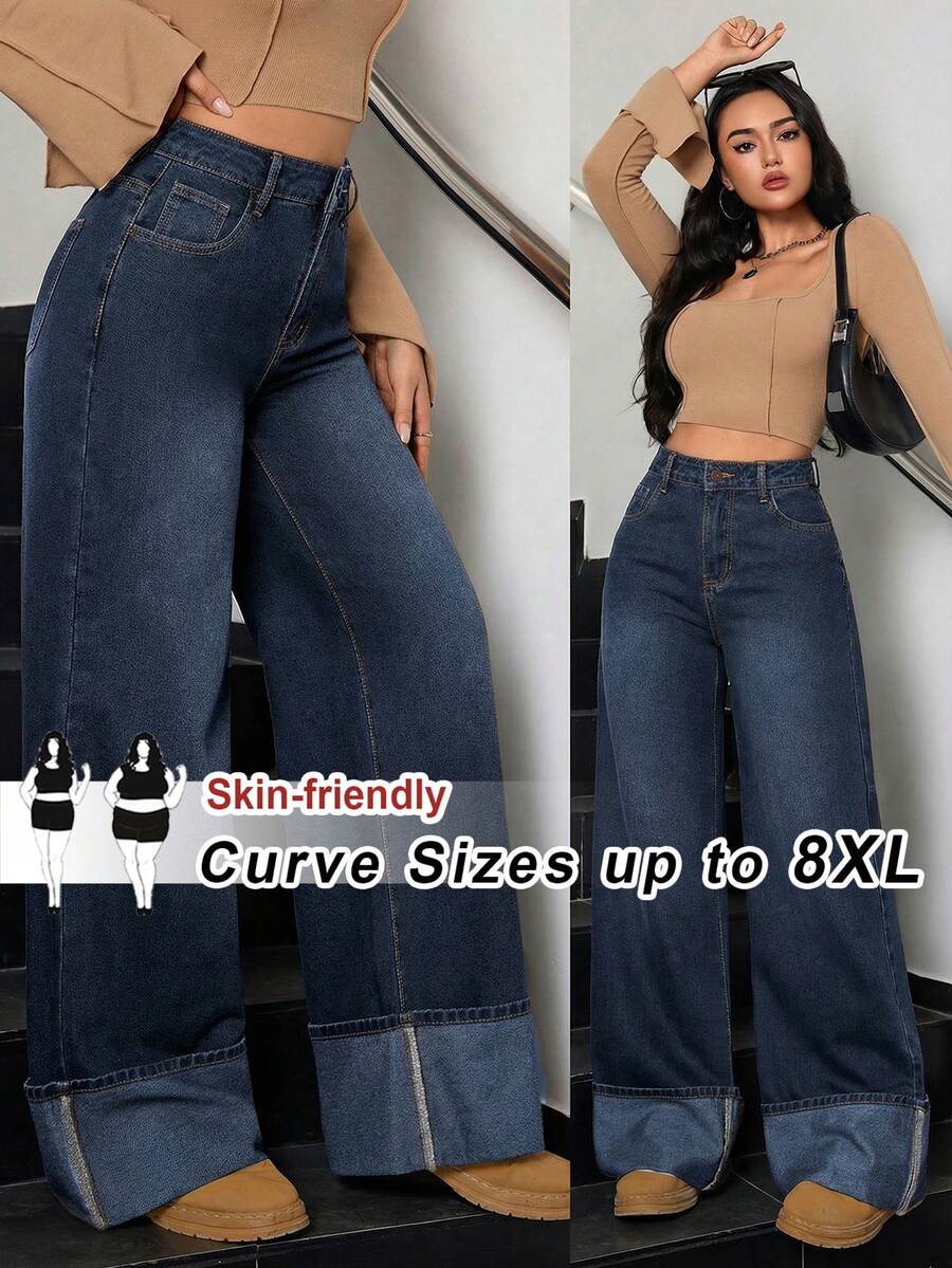 SHEIN CURVE+ 大尺碼女款口袋寬腿寬鬆牛仔褲,適合夏季秋季、節慶、外出、正式場合、度假、生日、畢業,CURVE+FIT+ 海軍藍 - 藍色 - 查看 1