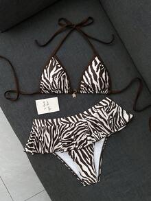SHEIN Swim 女款夏季海灘簡約優雅浪漫休閒度假性感甜美可愛時尚戶外泳衣套裝，百搭萬用斑馬紋掛脖比基尼配2合1荷葉邊迷你裙，金屬花朵吊墜裝飾，適合海灘、度假村、SPA、音樂節、蜜月及休閒度假 - 彩色 - 查看 2