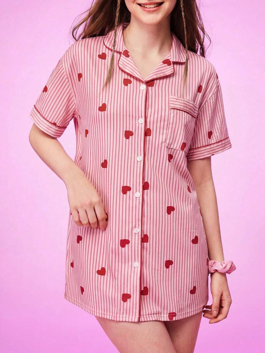 Notgurli Heart Striped Cute Women's Cardigan Trim Nightgown - Multicolor - View 1
