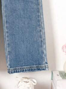 SHEIN 女童牛仔褲，四季休閒俏皮寬鬆寬腿牛仔長褲，適合夏季假期、日常休閒、旅行、開學季的百搭時尚單品 - 藍色 - 查看 3