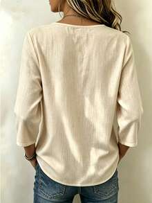 Balvessa White Burnout Round Neck 3/4 Sleeve Casual Blouse For Middle-Aged And Elderly Women - Apricot - View 2
