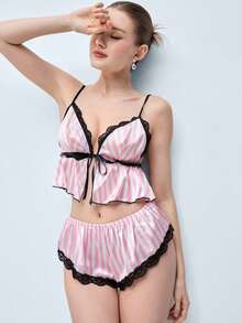 Softvol 2件組女款粉色與白色條紋蕾絲拼接睡衣套裝，居家休閒服套裝 - 粉色 - 查看 8