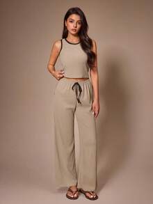 Lazeform Women's Casual Knitted Jacquard Tank Top Loungewear Pajama Set - Grey - View 4