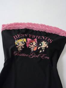 THE POWERPUFF GIRLS X SHEIN 女款字母卡通印花蕾絲飾邊休閒日常夏季洋裝 - 黑色 - 查看 4