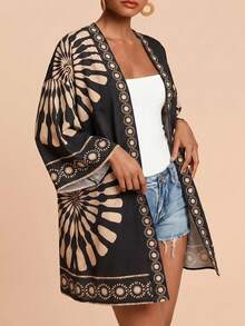 Travachic Women's Floral Print Drop Shoulder Long Sleeve Kimono Cover Up - Black - View 5