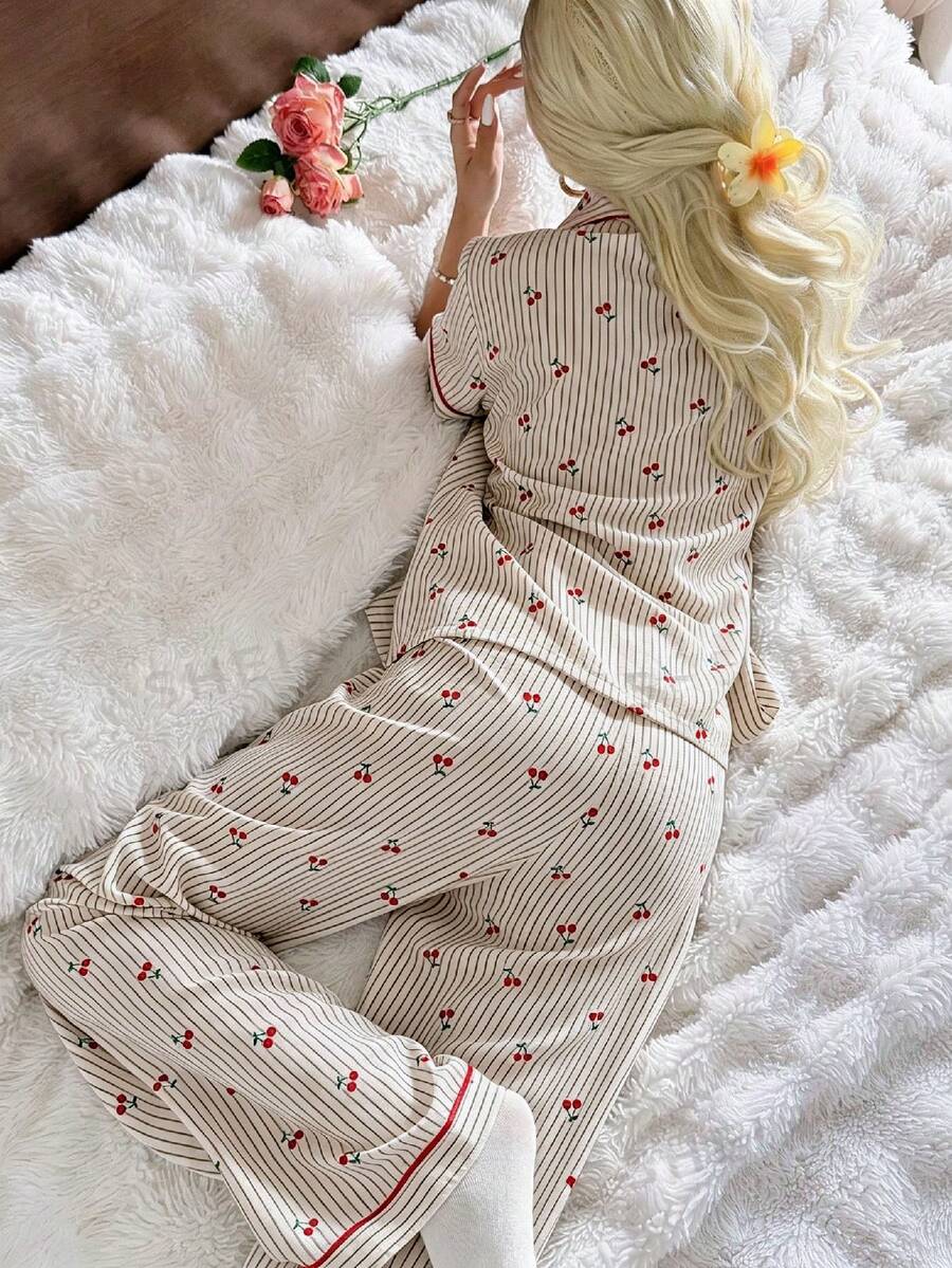 CottageSlumber Bubble Crinkle Sweet Striped Cherry Print Open Front Lapel Women's Pajama Set - Coffee Brown - View 1