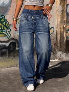 Muchica Jeans de mezclilla casuales holgados de pierna ancha con doble cintura y bolsillos para mujer, ropa de otoño, pantalones de maestra - Azul - Ver 4