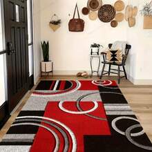 1pc Washable Carpet, Modern Geometric Pattern, Suitable For Living Room, Bedroom, Office, Striped & Circular Design, Contemporary Distressed Style, Low Pile, Neutral Soft, Patchwork Square Pattern, - multicolor - View 10