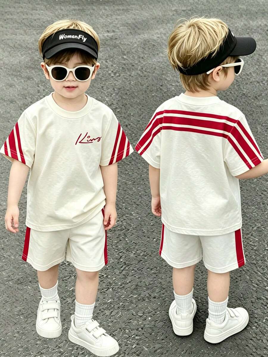 1 Set Boys Spring/Summer Colorblock Striped Short Sleeve Outfit, Casual Comfortable And Versatile With Full Vibe. Suitable For School - Multicolor - View 1
