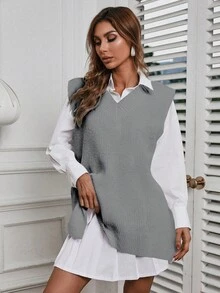 EURMUSE 1pc Solid Color Sweater Vest - Grey - View 4