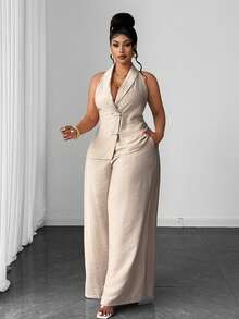 Maweii Plus Size Chinese Style Frog Button Vest & Long Pants Elegant Suit Set - Camel - View 5