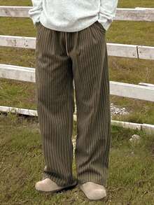 DAZY Pantalones rectos casuales con cordón en la cintura y rayas para hombres, para el otoño, vacaciones de otoño - Beis - Ver 5