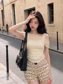 SHEIN MOD Áo ba lỗ màu trơn có lưới Sheer Apricot cho nữ - Màu be - Xem 5