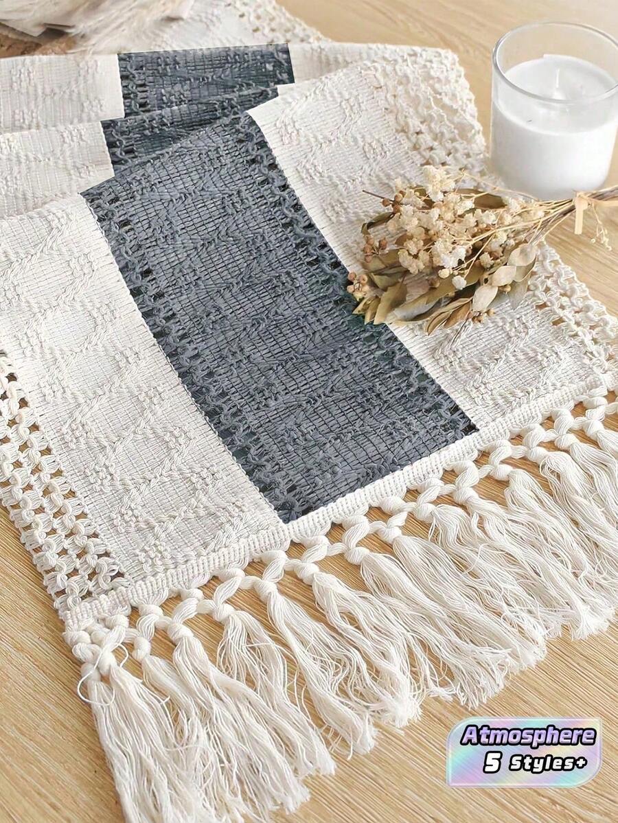 Zazumi 1PC Boho Woven Tassel Table Runner , Striped Crochet Lace Table Decoration , Dining Table Decor , For Kitchen Dining Room Party Tabletop , Christmas Decrotions , Fall Decor, Fall Decor For Home, Christmas Ornaments - Grey - View 1