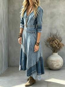SHEIN Holidaya Women's Fashion Denim Effect Long Sleeve V-Neck Dress - Blue - View 3