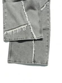 Manfinity Denimwave 男士街頭風個性拼接毛邊灰色水洗牛仔寬腿長褲 - 灰色 - 查看 6