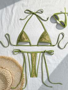 EMERY ROSE 春夏新款性感蕾絲微比基尼套裝女款泳衣，三點式綁帶沙灘比基尼套裝，鏤空蕾絲時尚泳裝 - 綠色 - 查看 1